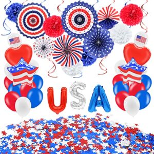 52 pieces 4th of july decorations set - red white blue american flag hanging honeycomb paper fans, pom poms, swirls, latex balloons, foil letter / heart / stars balloons, star streamer party supplies