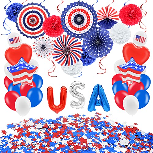 52 Pieces 4th of July Decorations Set - Red White Blue American Flag Hanging Honeycomb Paper Fans, Pom Poms, Swirls, Latex Balloons, Foil Letter / Heart / Stars Balloons, Star Streamer Party Supplies