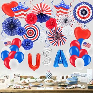 52 Pieces 4th of July Decorations Set - Red White Blue American Flag Hanging Honeycomb Paper Fans, Pom Poms, Swirls, Latex Balloons, Foil Letter / Heart / Stars Balloons, Star Streamer Party Supplies