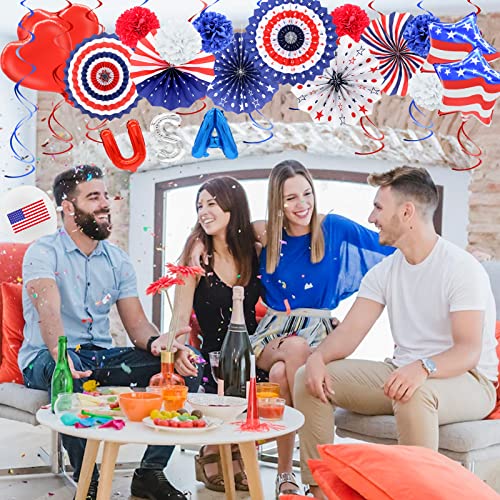 52 Pieces 4th of July Decorations Set - Red White Blue American Flag Hanging Honeycomb Paper Fans, Pom Poms, Swirls, Latex Balloons, Foil Letter / Heart / Stars Balloons, Star Streamer Party Supplies