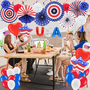 52 Pieces 4th of July Decorations Set - Red White Blue American Flag Hanging Honeycomb Paper Fans, Pom Poms, Swirls, Latex Balloons, Foil Letter / Heart / Stars Balloons, Star Streamer Party Supplies