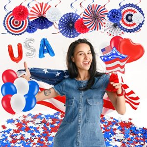 52 Pieces 4th of July Decorations Set - Red White Blue American Flag Hanging Honeycomb Paper Fans, Pom Poms, Swirls, Latex Balloons, Foil Letter / Heart / Stars Balloons, Star Streamer Party Supplies