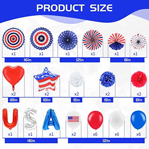 52 Pieces 4th of July Decorations Set - Red White Blue American Flag Hanging Honeycomb Paper Fans, Pom Poms, Swirls, Latex Balloons, Foil Letter / Heart / Stars Balloons, Star Streamer Party Supplies