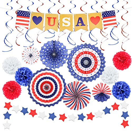 26 Pieces 4th/Fourth of July Decorations Set - Red White Blue American Flag Hanging Honeycomb Paper Fans, Pom Poms, Swirls, USA Banner, Star Garland Patriotic Independence Day Outdoor Party Supplies