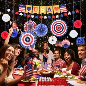 26 Pieces 4th/Fourth of July Decorations Set - Red White Blue American Flag Hanging Honeycomb Paper Fans, Pom Poms, Swirls, USA Banner, Star Garland Patriotic Independence Day Outdoor Party Supplies