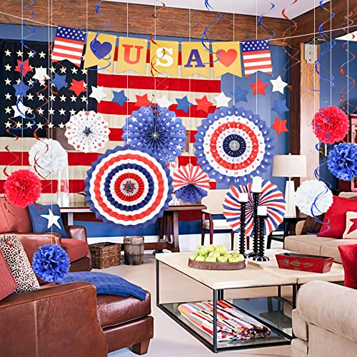 26 Pieces 4th/Fourth of July Decorations Set - Red White Blue American Flag Hanging Honeycomb Paper Fans, Pom Poms, Swirls, USA Banner, Star Garland Patriotic Independence Day Outdoor Party Supplies