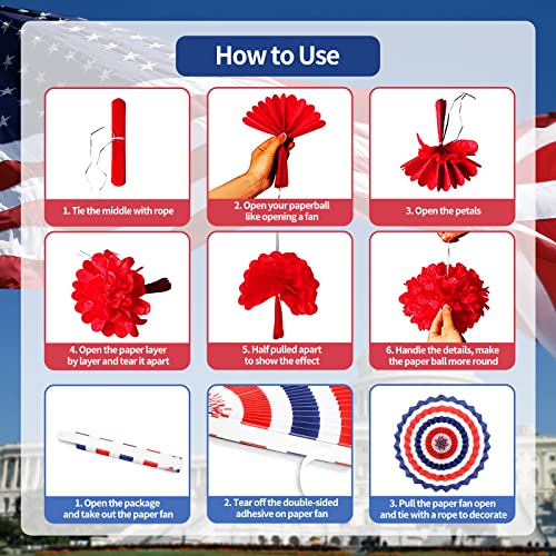 26 Pieces 4th/Fourth of July Decorations Set - Red White Blue American Flag Hanging Honeycomb Paper Fans, Pom Poms, Swirls, USA Banner, Star Garland Patriotic Independence Day Outdoor Party Supplies