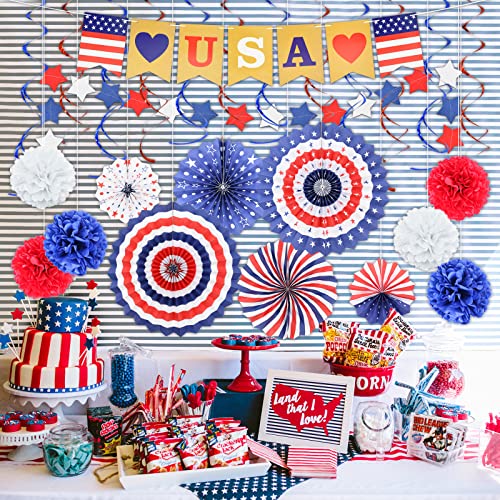 26 Pieces 4th/Fourth of July Decorations Set - Red White Blue American Flag Hanging Honeycomb Paper Fans, Pom Poms, Swirls, USA Banner, Star Garland Patriotic Independence Day Outdoor Party Supplies