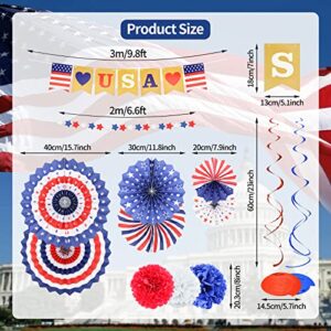 26 Pieces 4th/Fourth of July Decorations Set - Red White Blue American Flag Hanging Honeycomb Paper Fans, Pom Poms, Swirls, USA Banner, Star Garland Patriotic Independence Day Outdoor Party Supplies