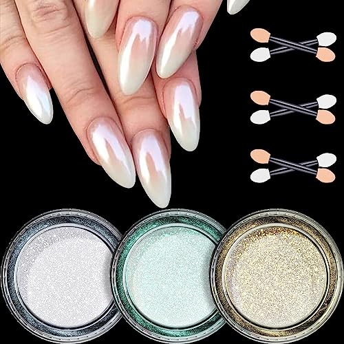 White Pearl Chrome Nail Powder, 3 Colors Aurora Ice Transparent Chrome Powder for Nails, Glazed Donut Pearlescent Magic White Nail Powder Mirror Effect Pigment Glitter for Nail Art