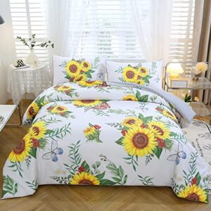 zrnbast 3 pcs sunflower comforter set queen size butterfly sunflower floral on white background, comforter bedding sets queen size all season bed in a bag with 1 comforter 2 pillowcases