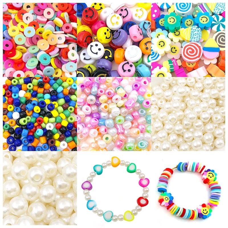 Dunsi 1300pcs Spacer Beads Set Colorful Beads Smiley Face Beads Peal Beads Flat Round Polymer Clay Beads for Necklace Bracelets Making