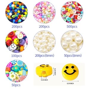 Dunsi 1300pcs Spacer Beads Set Colorful Beads Smiley Face Beads Peal Beads Flat Round Polymer Clay Beads for Necklace Bracelets Making