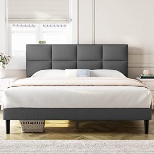 molblly queen bed frame upholstered platform with headboard, strong frame and wooden slats support, linen fabric wrap, non-slip and noise-free,no box spring needed, easy assembly, dark grey