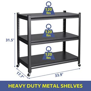 3 Tier Metal Storage Racks with Wheels, Mobile Garage Shelves Unit 17.7" D x 33.9" W x 31.5" H, Rolling Kitchen Racks, for Garage Pantry Home Office