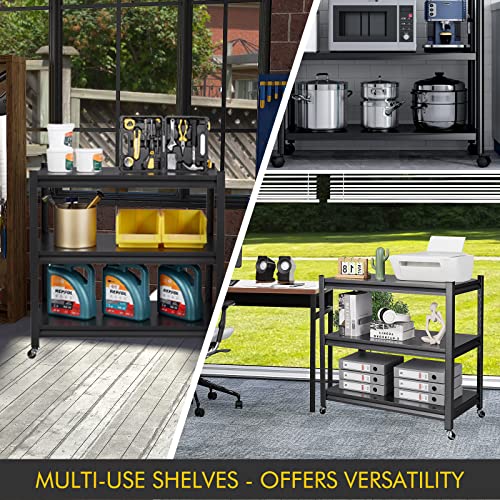 3 Tier Metal Storage Racks with Wheels, Mobile Garage Shelves Unit 17.7" D x 33.9" W x 31.5" H, Rolling Kitchen Racks, for Garage Pantry Home Office