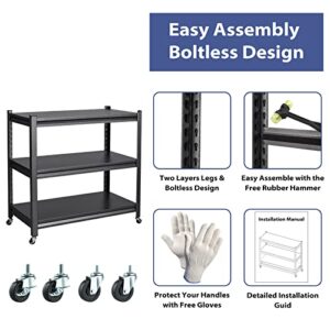 3 Tier Metal Storage Racks with Wheels, Mobile Garage Shelves Unit 17.7" D x 33.9" W x 31.5" H, Rolling Kitchen Racks, for Garage Pantry Home Office