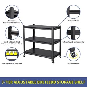 3 Tier Metal Storage Racks with Wheels, Mobile Garage Shelves Unit 17.7" D x 33.9" W x 31.5" H, Rolling Kitchen Racks, for Garage Pantry Home Office