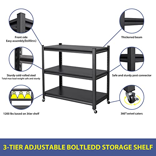 3 Tier Metal Storage Racks with Wheels, Mobile Garage Shelves Unit 17.7" D x 33.9" W x 31.5" H, Rolling Kitchen Racks, for Garage Pantry Home Office