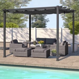 erommy 10' x 10' outdoor pergola with retractable sun shade canopy, aluminum frame, patio pavilion grill gazebo with weather-resistant fabric for garden backyard deck lawn, gray