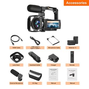 WZX 4K Video Camera Camcorder, Ultra HD WiFi 60FPS 48MP 16X Digital Zoom, Touch Screen Night Vision Vlogging Camera, YouTube Camera with External Microphone, Remote Control, Lens Hood, Stabilizer