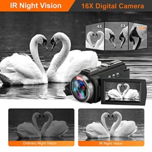 WZX 4K Video Camera Camcorder, Ultra HD WiFi 60FPS 48MP 16X Digital Zoom, Touch Screen Night Vision Vlogging Camera, YouTube Camera with External Microphone, Remote Control, Lens Hood, Stabilizer