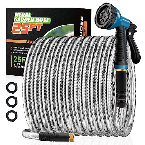 Besiter Garden Hose 25FT Stainless Steel Water Hose with 10 Functions Adjustable Spray Nozzle,Heavy-Duty Metal Garden Hose Flexible Durable No-Tangle & Kink Leak Dog Proof Hose for Yard Lawn