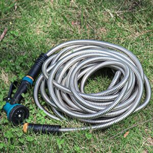 Besiter Garden Hose 25FT Stainless Steel Water Hose with 10 Functions Adjustable Spray Nozzle,Heavy-Duty Metal Garden Hose Flexible Durable No-Tangle & Kink Leak Dog Proof Hose for Yard Lawn