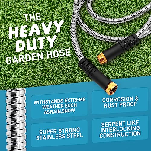 Besiter Garden Hose 25FT Stainless Steel Water Hose with 10 Functions Adjustable Spray Nozzle,Heavy-Duty Metal Garden Hose Flexible Durable No-Tangle & Kink Leak Dog Proof Hose for Yard Lawn