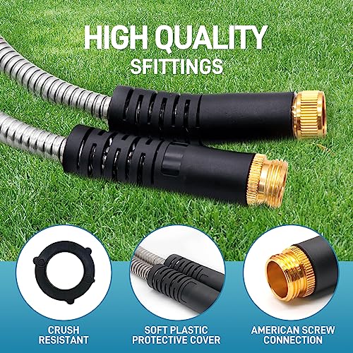 Besiter Garden Hose 25FT Stainless Steel Water Hose with 10 Functions Adjustable Spray Nozzle,Heavy-Duty Metal Garden Hose Flexible Durable No-Tangle & Kink Leak Dog Proof Hose for Yard Lawn