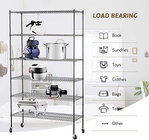 Alohappy 6 Tier Adjustable Metal Shelf Wire Shelving Unit Storage with Wheels 82" H x 48" L x 18" D for Home Kitchen Garage Pantry (Silver)