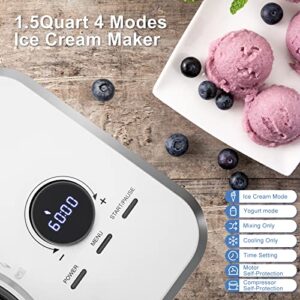 LHRIVER Ice Cream Maker,1.5 Quart Stainless Steel Automatic Ice Cream Maker Machine with LCD Timer,No Pre-freezing,for Making Ice Cream,Gelato,Frozen Yogurt in 30-60 min