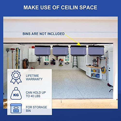 TOPOWN 4-Set Overhead Storage Bin Rack for Four Bins Garage Ceiling Storage Racks Ceiling Storage Rack Overhead Tote Storage Rack Garage Storage Ceiling Rack Garage Ceiling Rail Overhead Storage Rack