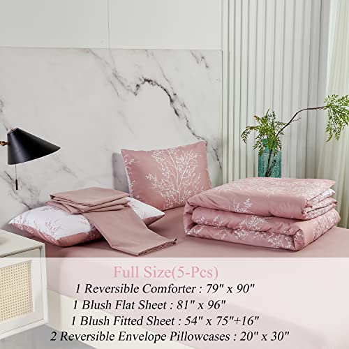 ZRNBAST Bed in a Bag Blush Comforter Set 5 Piece Full Size Flowers Botanical Pattern Bedding Set for Girls Women Teens Super Soft Microfiber Quilt Set (Blush, Full)