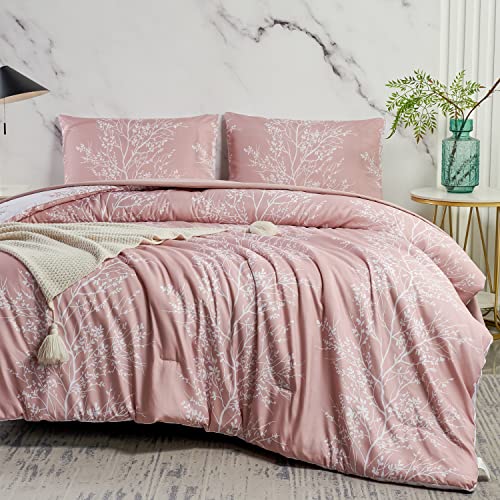 ZRNBAST Bed in a Bag Blush Comforter Set 5 Piece Full Size Flowers Botanical Pattern Bedding Set for Girls Women Teens Super Soft Microfiber Quilt Set (Blush, Full)