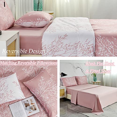 ZRNBAST Bed in a Bag Blush Comforter Set 5 Piece Full Size Flowers Botanical Pattern Bedding Set for Girls Women Teens Super Soft Microfiber Quilt Set (Blush, Full)