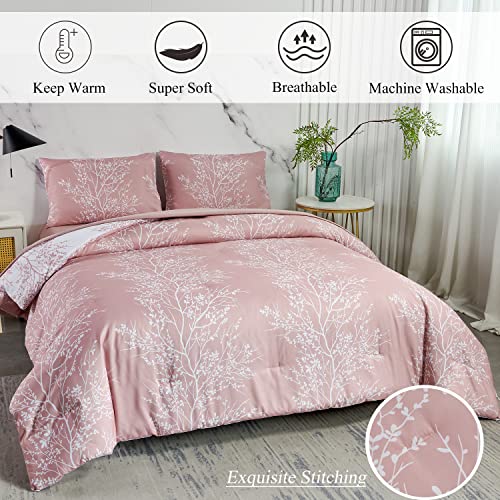 ZRNBAST Bed in a Bag Blush Comforter Set 5 Piece Full Size Flowers Botanical Pattern Bedding Set for Girls Women Teens Super Soft Microfiber Quilt Set (Blush, Full)