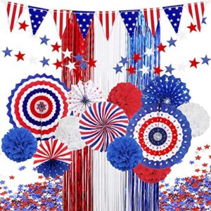 4th of july party decorations, star streamer, independence day american flag hanging paper fans, foil fringe curtain, pompoms flowers balloons for patriotic party decorations set