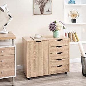 naomi home amy 5 drawer chest, wood storage dresser cabinet with wheels, craft storage organization, makeup drawer unit for closet, bedroom, office file cabinet 180 lbs total capacity - natural