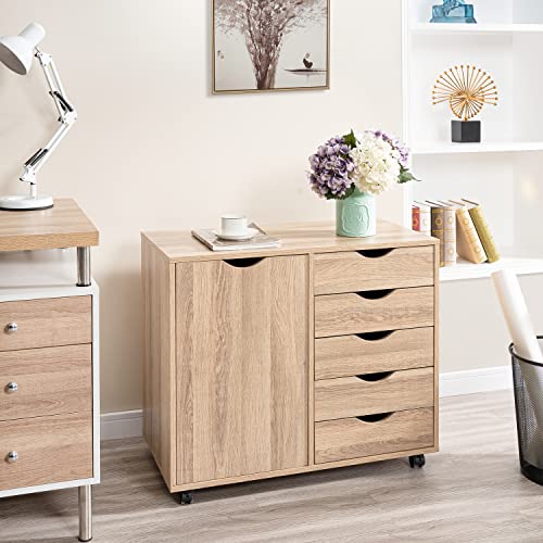 Naomi Home Amy 5 Drawer Chest, Wood Storage Dresser Cabinet with Wheels, Craft Storage Organization, Makeup Drawer Unit for Closet, Bedroom, Office File Cabinet 180 lbs Total Capacity - Natural