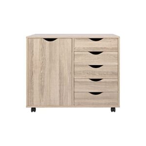 Naomi Home Amy 5 Drawer Chest, Wood Storage Dresser Cabinet with Wheels, Craft Storage Organization, Makeup Drawer Unit for Closet, Bedroom, Office File Cabinet 180 lbs Total Capacity - Natural