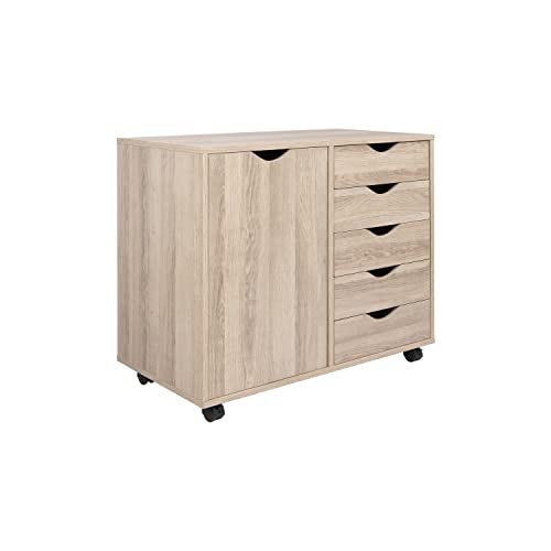 Naomi Home Amy 5 Drawer Chest, Wood Storage Dresser Cabinet with Wheels, Craft Storage Organization, Makeup Drawer Unit for Closet, Bedroom, Office File Cabinet 180 lbs Total Capacity - Natural