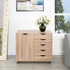 Naomi Home Amy 5 Drawer Chest, Wood Storage Dresser Cabinet with Wheels, Craft Storage Organization, Makeup Drawer Unit for Closet, Bedroom, Office File Cabinet 180 lbs Total Capacity - Natural