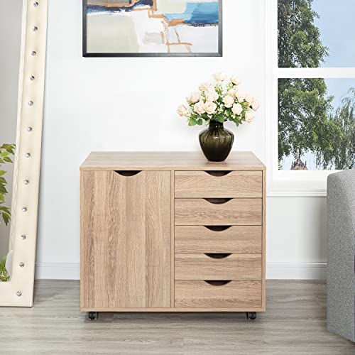 Naomi Home Amy 5 Drawer Chest, Wood Storage Dresser Cabinet with Wheels, Craft Storage Organization, Makeup Drawer Unit for Closet, Bedroom, Office File Cabinet 180 lbs Total Capacity - Natural