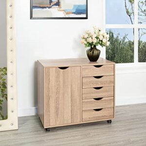 Naomi Home Amy 5 Drawer Chest, Wood Storage Dresser Cabinet with Wheels, Craft Storage Organization, Makeup Drawer Unit for Closet, Bedroom, Office File Cabinet 180 lbs Total Capacity - Natural