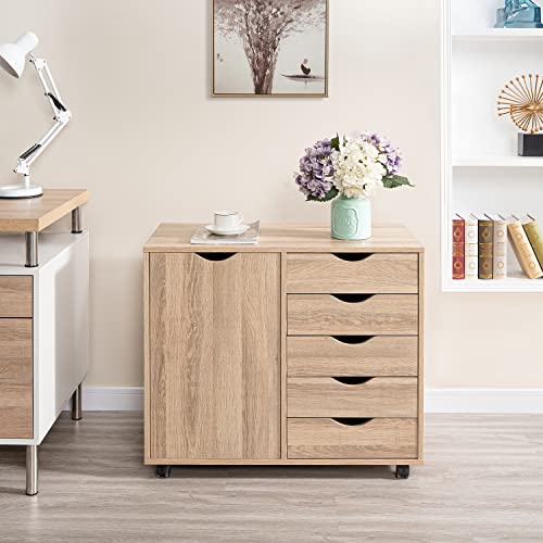 Naomi Home Amy 5 Drawer Chest, Wood Storage Dresser Cabinet with Wheels, Craft Storage Organization, Makeup Drawer Unit for Closet, Bedroom, Office File Cabinet 180 lbs Total Capacity - Natural