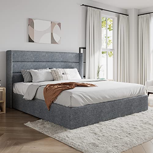 SHA CERLIN Queen Size Lift Up Storage Bed/Modern Wingback Headboard/Upholstered Platform Bed Frame/Hydraulic Storage/No Box Spring Needed/Wood Slats Support/Grey Blue