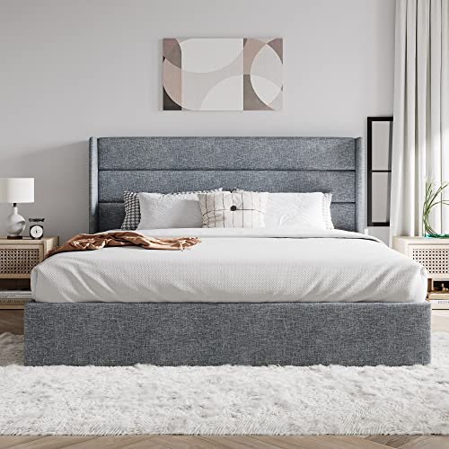 SHA CERLIN Queen Size Lift Up Storage Bed/Modern Wingback Headboard/Upholstered Platform Bed Frame/Hydraulic Storage/No Box Spring Needed/Wood Slats Support/Grey Blue