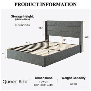 SHA CERLIN Queen Size Lift Up Storage Bed/Modern Wingback Headboard/Upholstered Platform Bed Frame/Hydraulic Storage/No Box Spring Needed/Wood Slats Support/Grey Blue