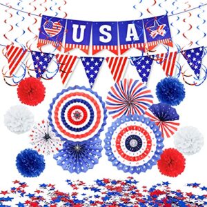 27 pieces 4th of july decorations set, red white blue american flag hanging honeycomb paper fans, pom poms, swirls, love usa banner, star garland patriotic independence day outdoor party supplies